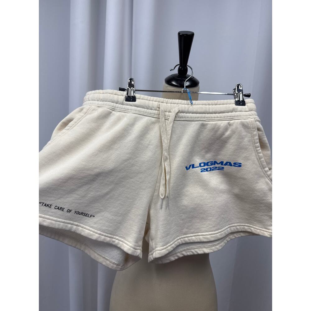 Vlogmas 2022 merch shorts. Size L 
Waist-14
Inseam-3.5 
Rise-11